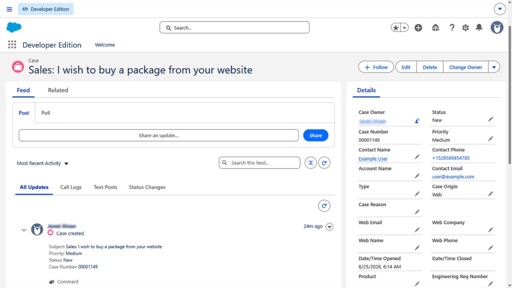 Salesforce case detail view for synced WordPress inquiry
