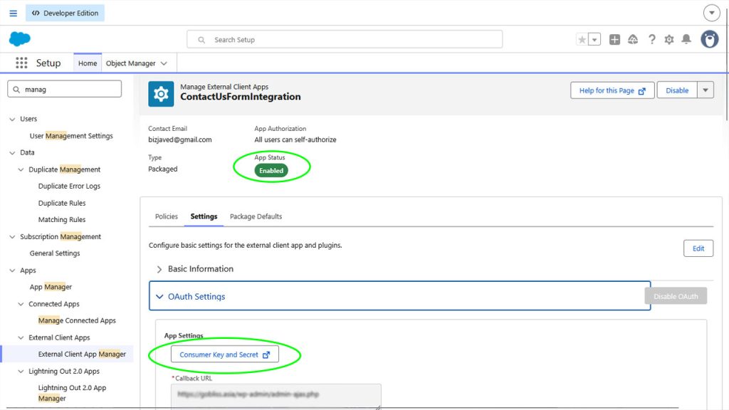 Click Consumer Key and Secret button