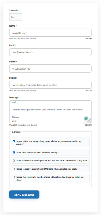 WordPress contact form test submission filled
