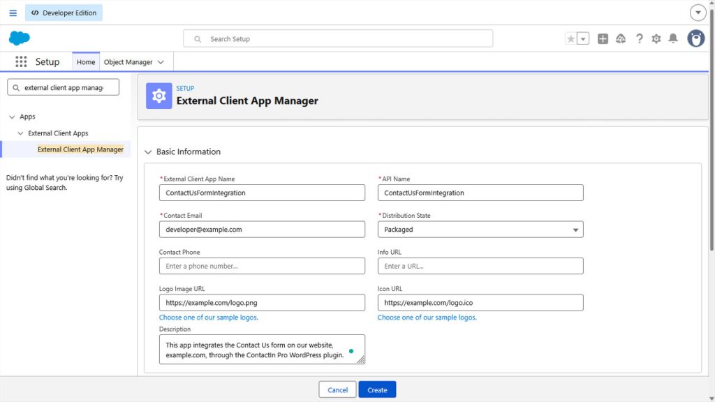 External Client App basic information fields in Salesforce