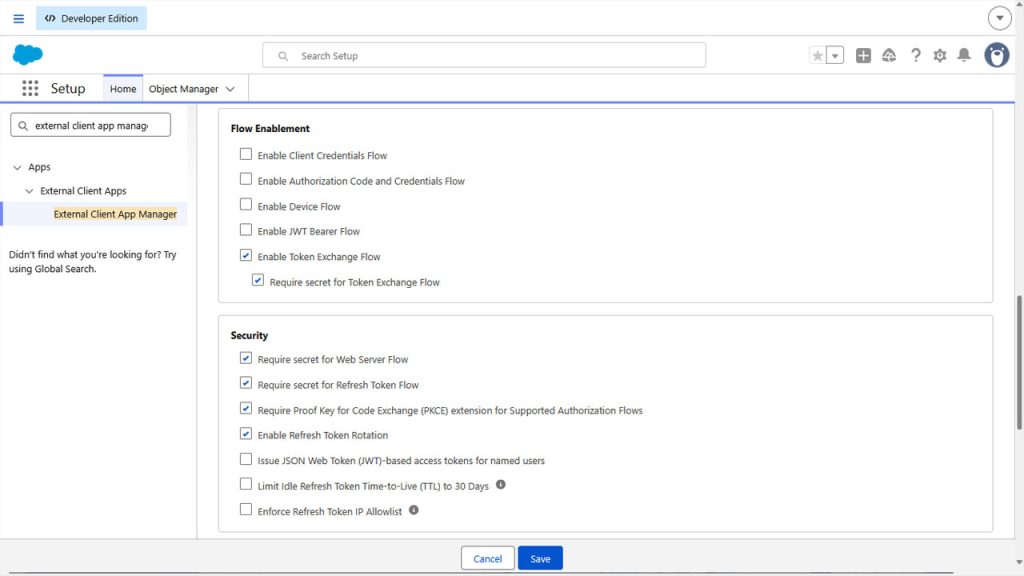 Flow enablement and PKCE security settings for Salesforce OAuth client app