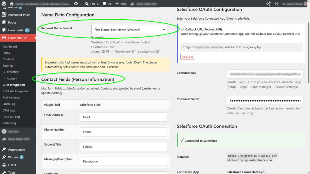 ContactIn Pro name field and contact field mapping configuration