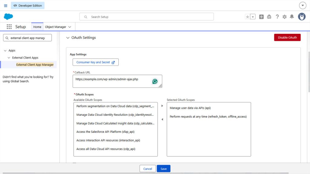 Salesforce OAuth settings with custom redirect callback URL and API scopes