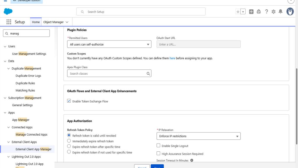OAuth policies configuration in Salesforce External Client App