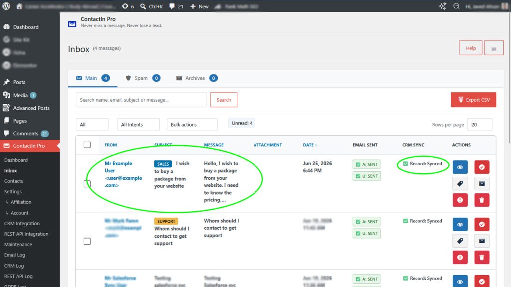 ContactIn Pro inbox showing submission synced to Salesforce