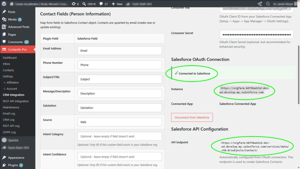 ContactIn Pro Salesforce connection success with instance details
