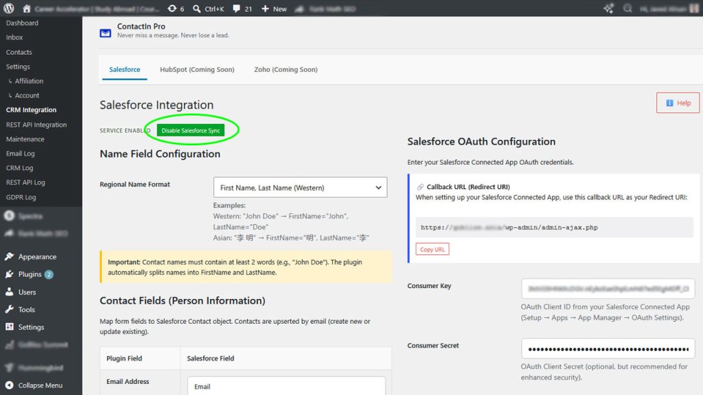 Salesforce sync enabled status in ContactIn Pro