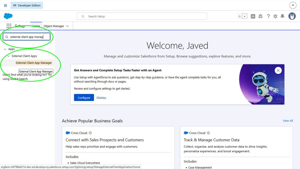 Salesforce setup menu displaying External Client App Manager navigation