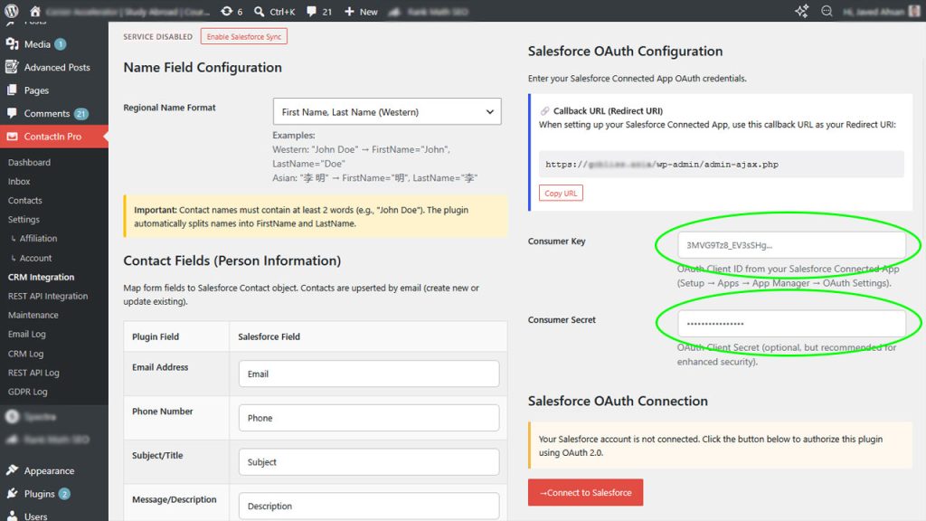 ContactIn Pro name field and custom contact field mapping configuration dashboard