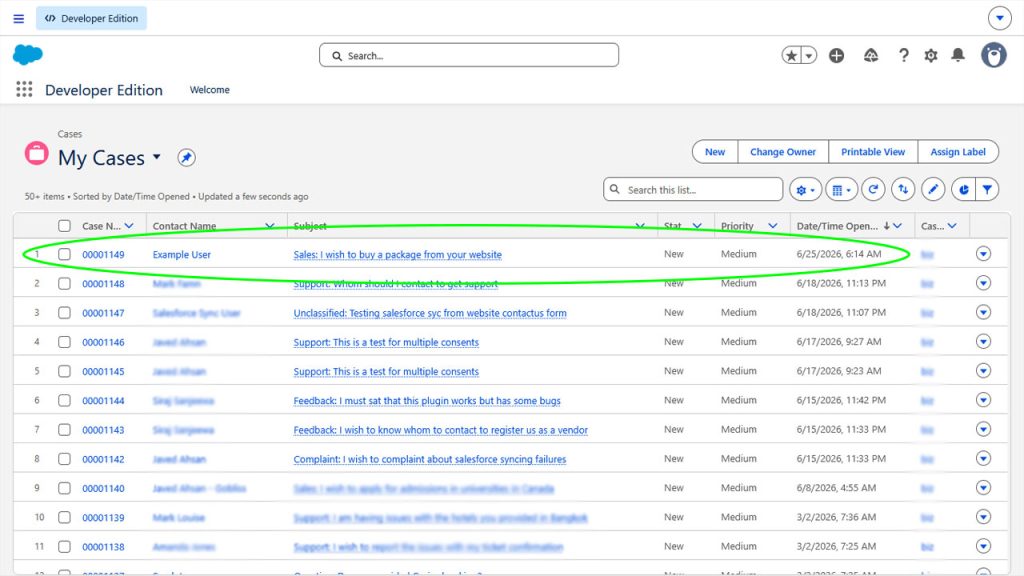 Salesforce My Cases list with synced inquiry