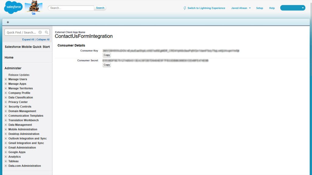 Consumer key and secret retrieval screen in Salesforce
