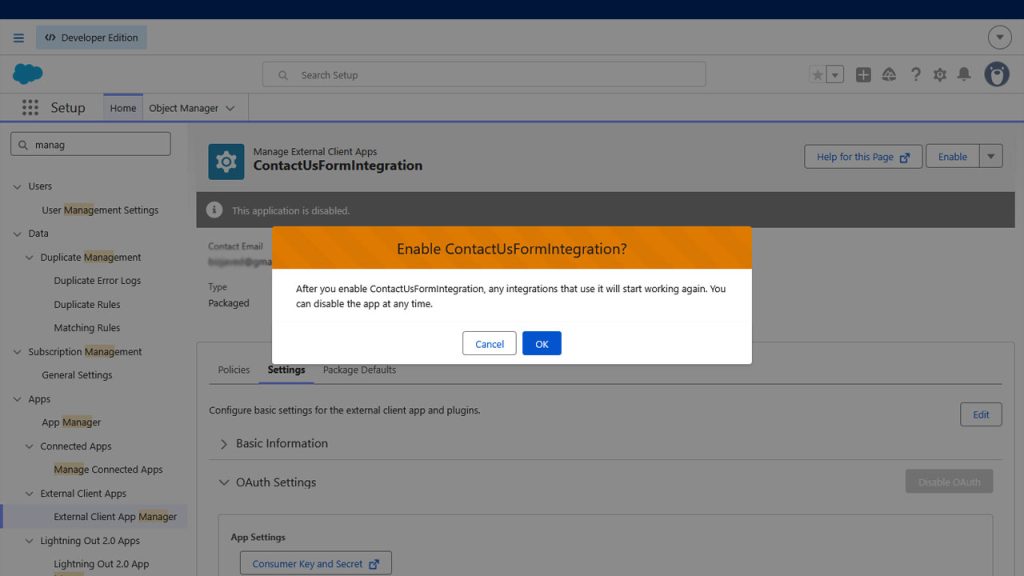 Salesforce app enabled confirmation screen